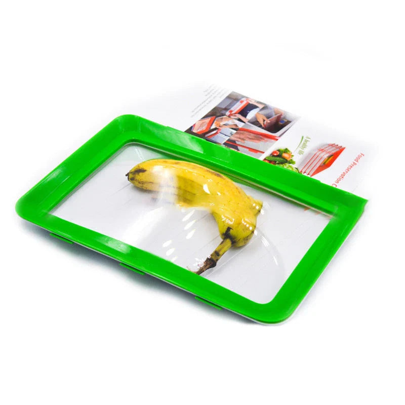 Premium food-preserving vacuum trays for fridge storage in black, green, red, and gold colours