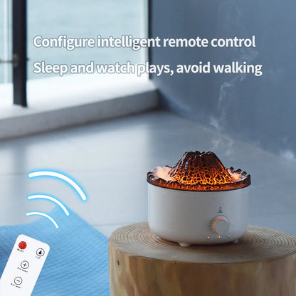 Small simulated flame volcano humidifier with aroma diffuser and remote control