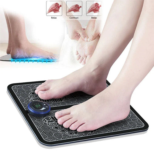 Premium EMS foot massager with 6 massage modes, 9 intensity levels, and USB charging for soothing foot relief