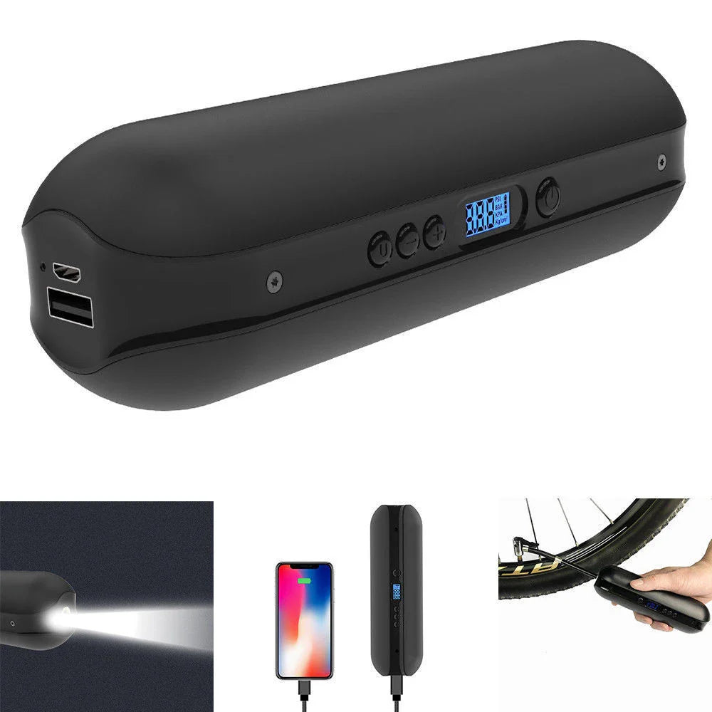 Compact, rechargeable bike tyre inflator with digital pressure display and automatic shut-off for convenience and precision