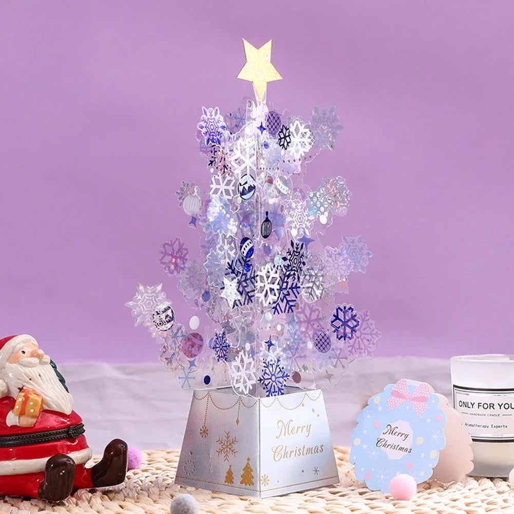 Enchanting 3D Christmas tree pop-up card with sparkling snowflake sequins, versatile for holiday and birthday celebrations