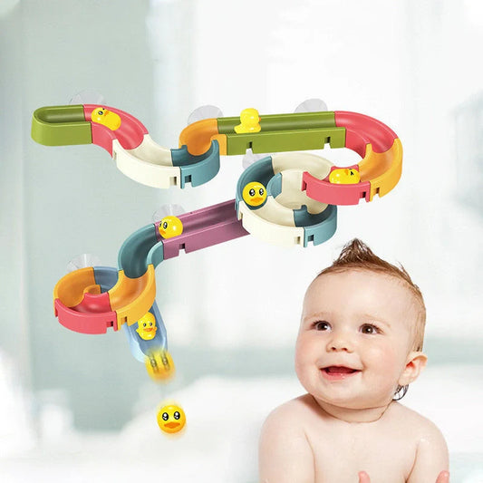 DIY baby bath toys set with marble race run track and automatic sprinkler