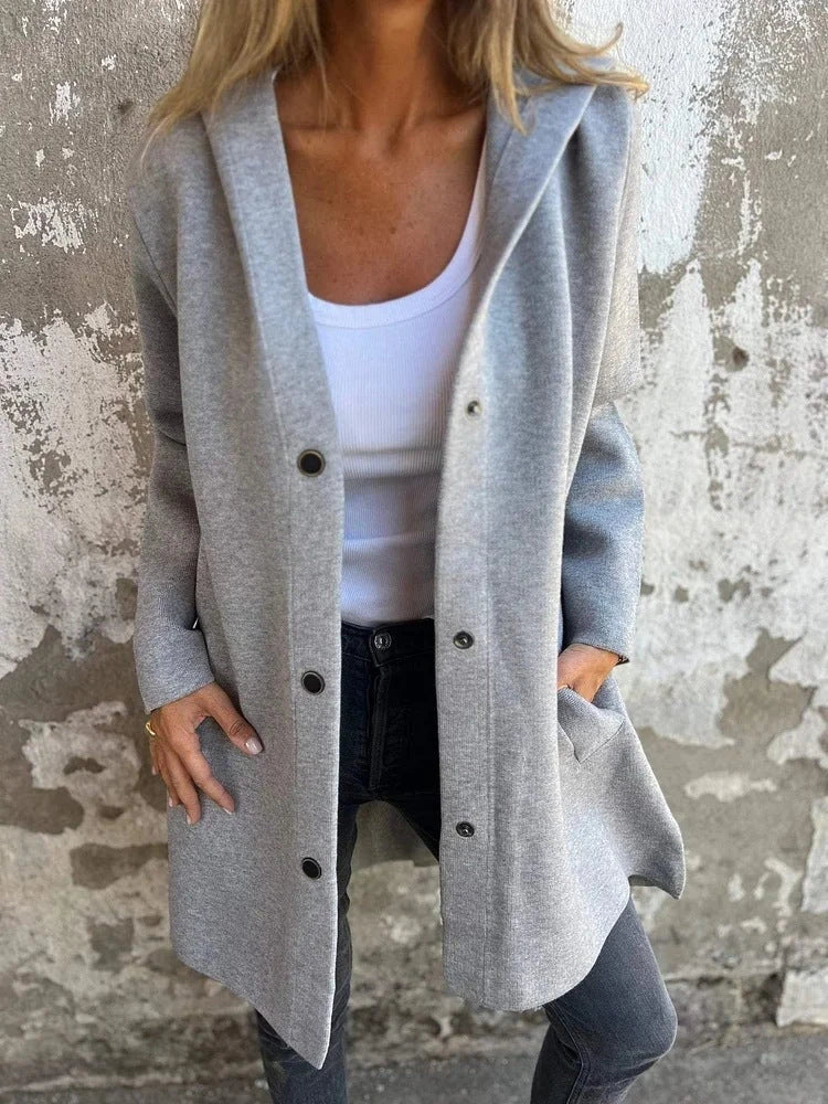 A stylish hooded cardigan jacket in various colors, featuring a single-breasted design and adjustable hood for versatile fashion.