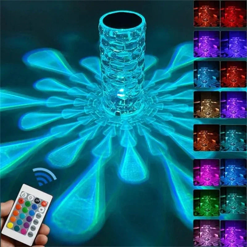 Crystal table lamp with teardrop shape and 16-colour LED options for modern romantic lighting