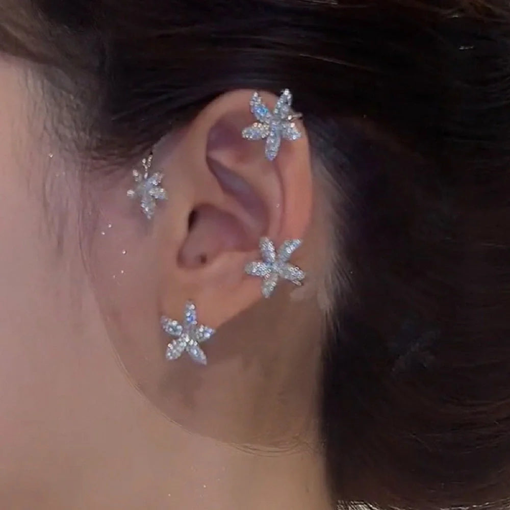 Women's butterfly design ear cuff and screw back earrings set in silver and purple