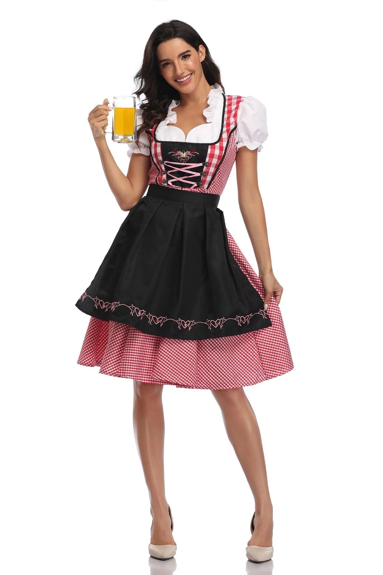 Traditional Oktoberfest ethnic dress for women in vibrant red denim with apron and ribbon