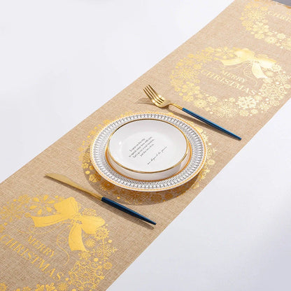 Christmas Elk Snowman Table Runner on a dining table, festive holiday decor