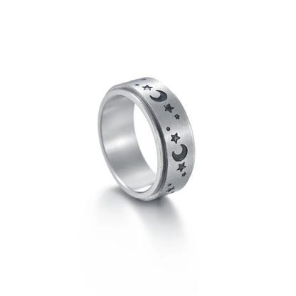 Titanium steel rings with captivating celestial designs including stars, moons, and floral motifs