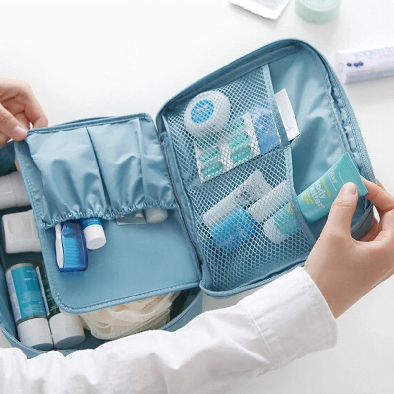 Premium toiletry bag with waterproof divider, multi-grid pockets, and durable Oxford cloth construction