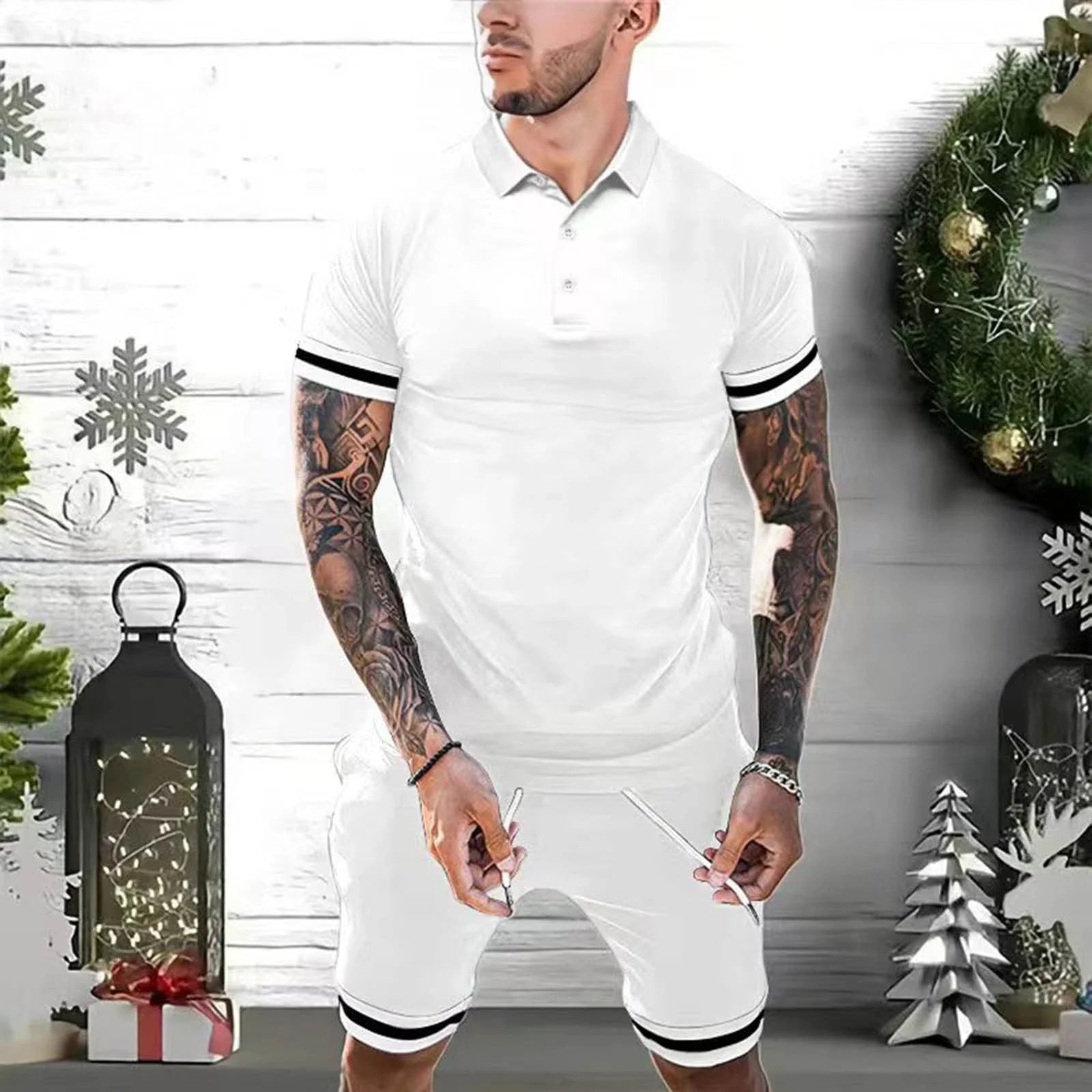 Men's 2-piece polo shirt and shorts outfit in various colors, including green, white, black, gray, navy blue, and blue