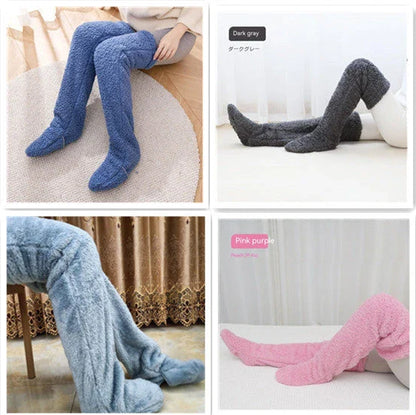 Cozy over-the-knee fuzzy socks in various colors, including brown, blue, dark gray, and pink purple