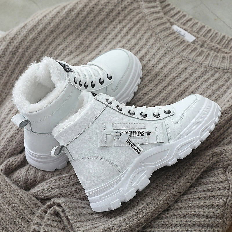 Winter fleece lace-up boots with artificial short plush lining in black, khaki, and white