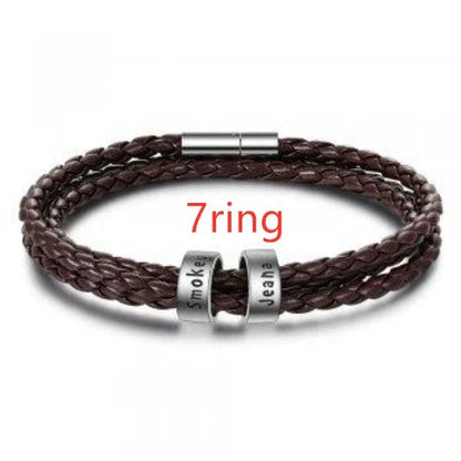 Personalized Leather Bracelet with Engraved Name Charm in Black and Brown Colors