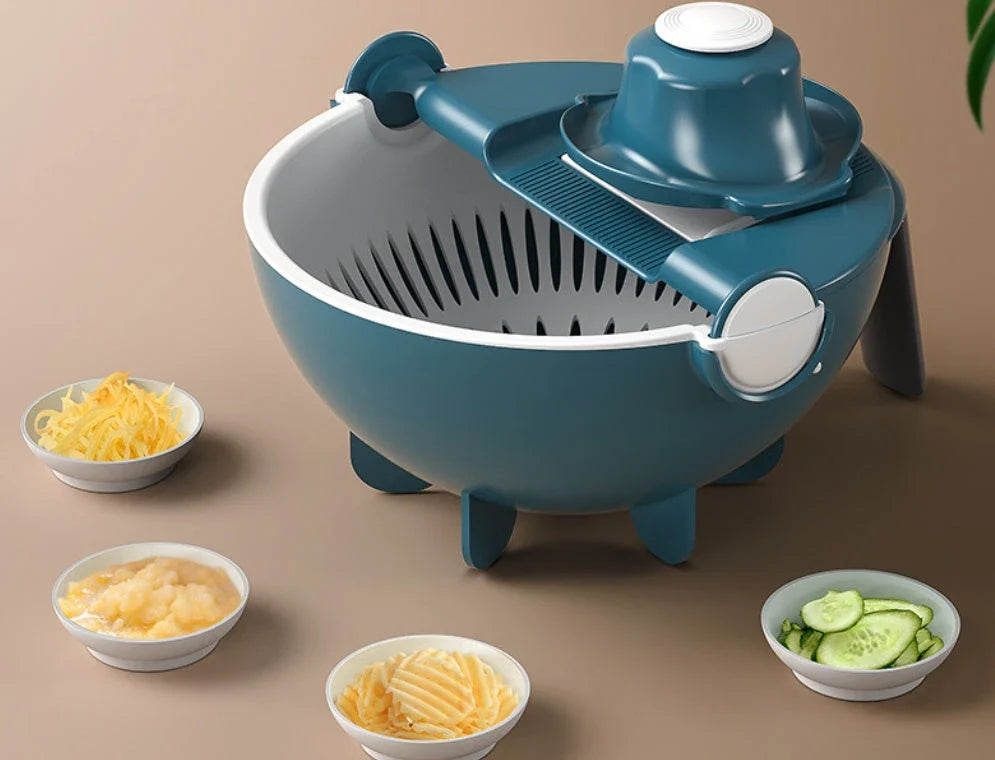 A premium 9-in-1 vegetable drainage basket with a unique drainage system and interchangeable blades for efficient meal preparation