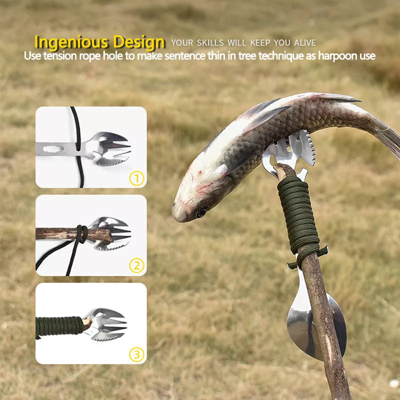 Stainless steel multifunctional fork and spoon set with bottle opener for outdoor adventures
