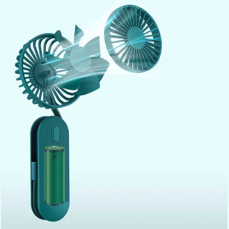 Rechargeable handheld fan in white, blue, and green with 2000mAh battery and silent operation