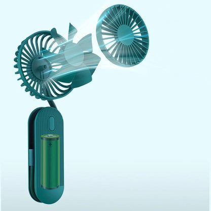 Rechargeable handheld fan in white, blue, and green with 2000mAh battery and silent operation