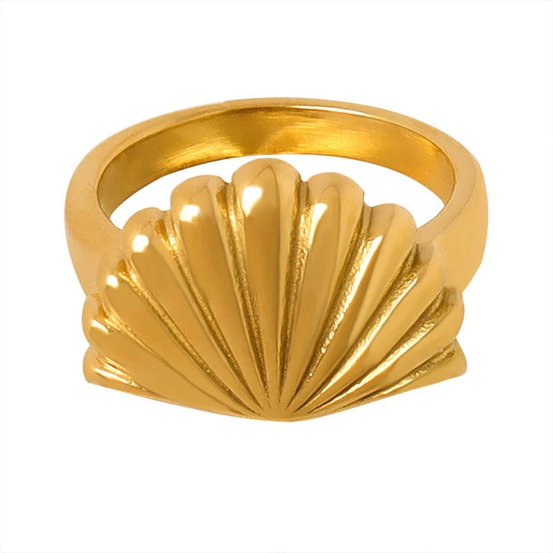 Ocean Style Scallop Ring in titanium steel and gold finishes, showcasing geometric design inspired by the sea.
