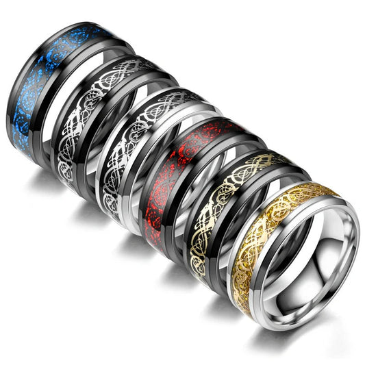 Dragon pattern stainless steel ring in black gold, showcasing intricate design and polished finish.