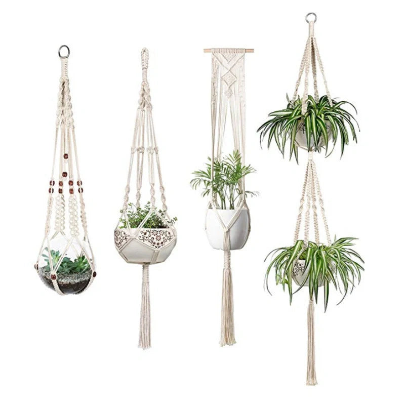 Handmade bohemian macrame hanging plant baskets in a set of four, perfect for home decor.
