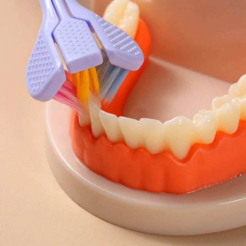 Soft bristle toothbrush with 3-sided brush head for thorough dental cleaning