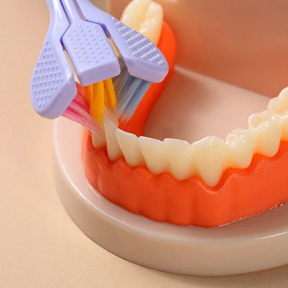 Soft bristle toothbrush with 3-sided brush head for thorough dental cleaning