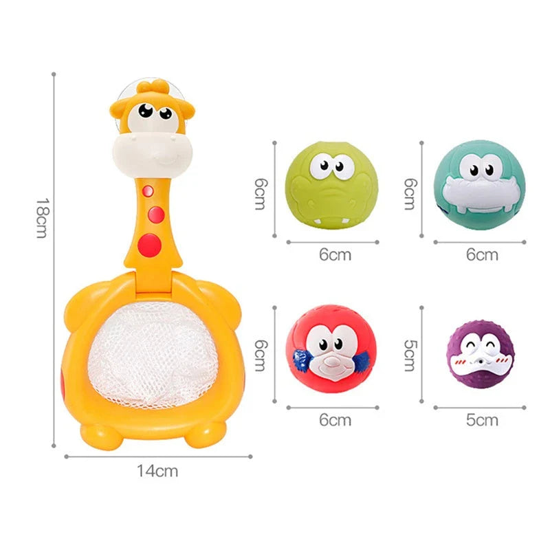 Colourful bath toys including a basketball hoop, fishing rods, and water-squirting animals for engaging bathtime play