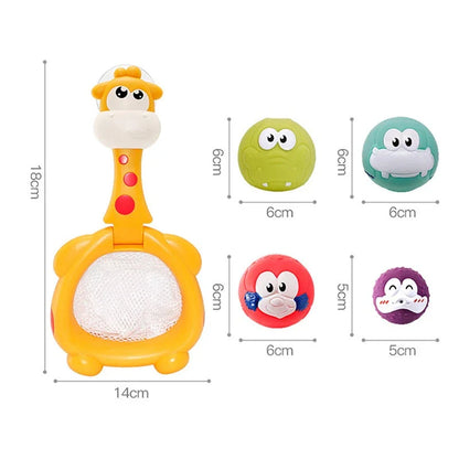 Colourful bath toys including a basketball hoop, fishing rods, and water-squirting animals for engaging bathtime play