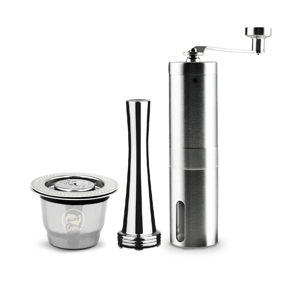 Premium stainless steel coffee capsule holder with integrated tamper for easy organization and perfect espresso extraction