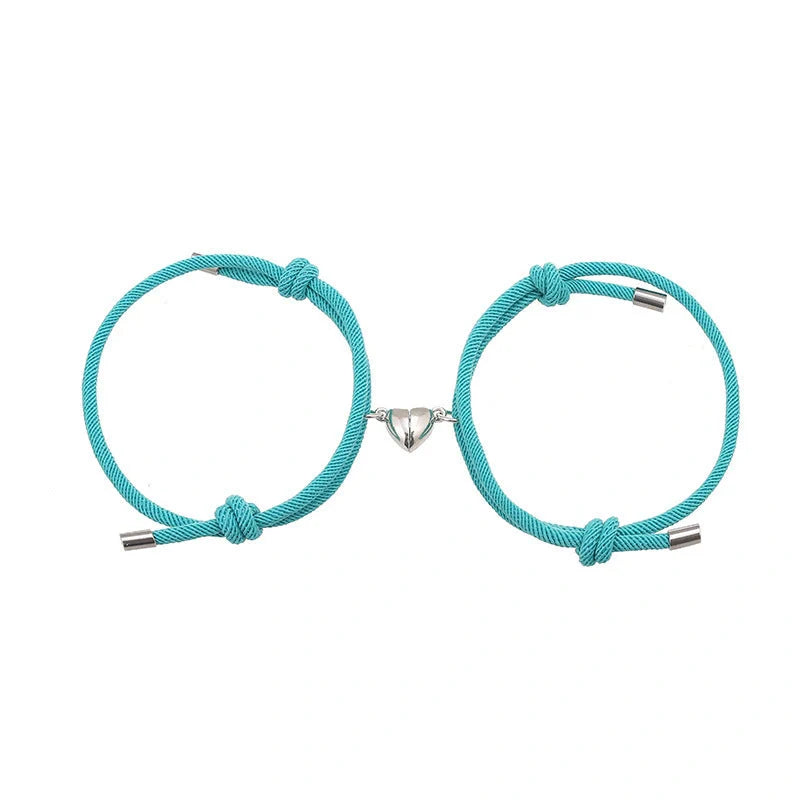 Adjustable nylon love magnetic bracelet with sticky metal heads in various colours