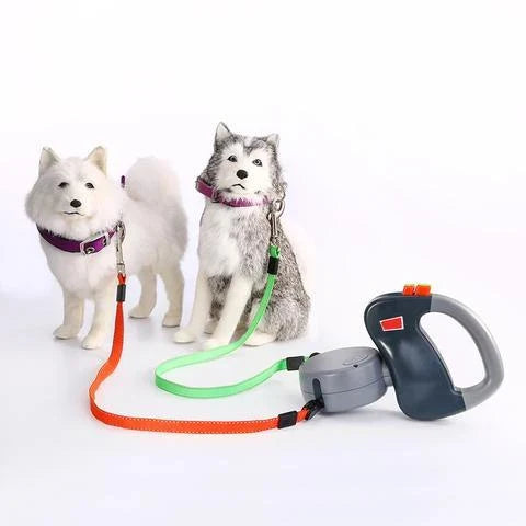 Premium retractable dual dog walking leash made of durable nylon material, offering hands-free control and adjustable length for dogs of all sizes.