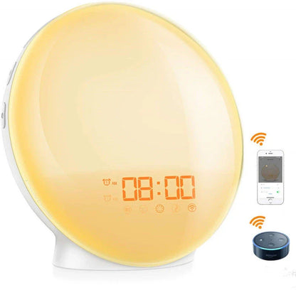 Natural wake-up light alarm clock with soothing nature sounds and customisable ambient lighting