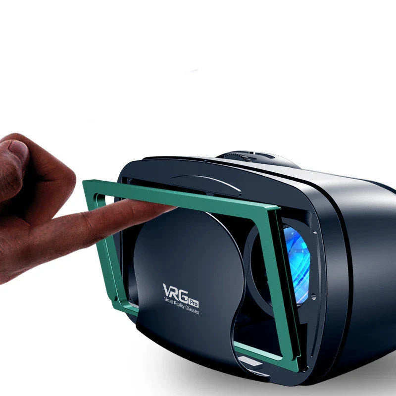 Virtual reality headset with adjustable optics, blue light-blocking lenses, and large headset for immersive 3D experiences on smartphones