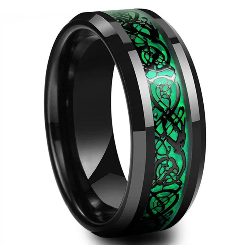 Dragon pattern stainless steel ring in black gold, showcasing intricate design and polished finish.
