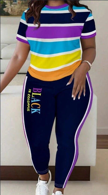 Stylish women's colourful stripe t-shirt and pants casual set