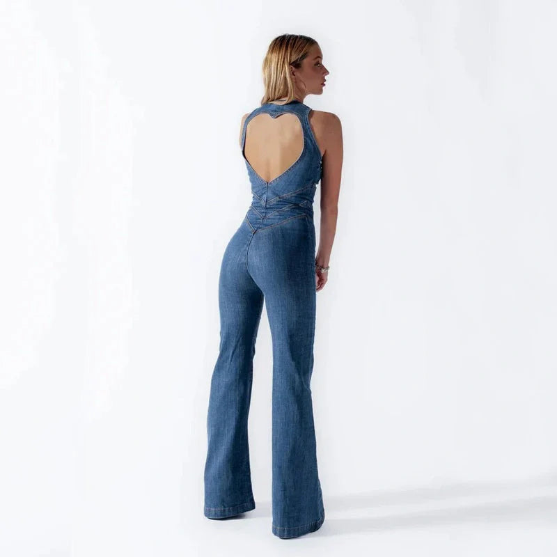 Stylish summer denim jumpsuit for women with halter neck and heart-shaped backless design