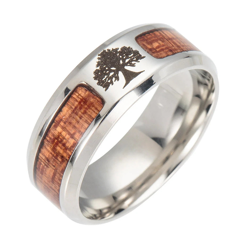 Handcrafted Celtic Tree of Life Wedding Ring in stainless steel with wood inset