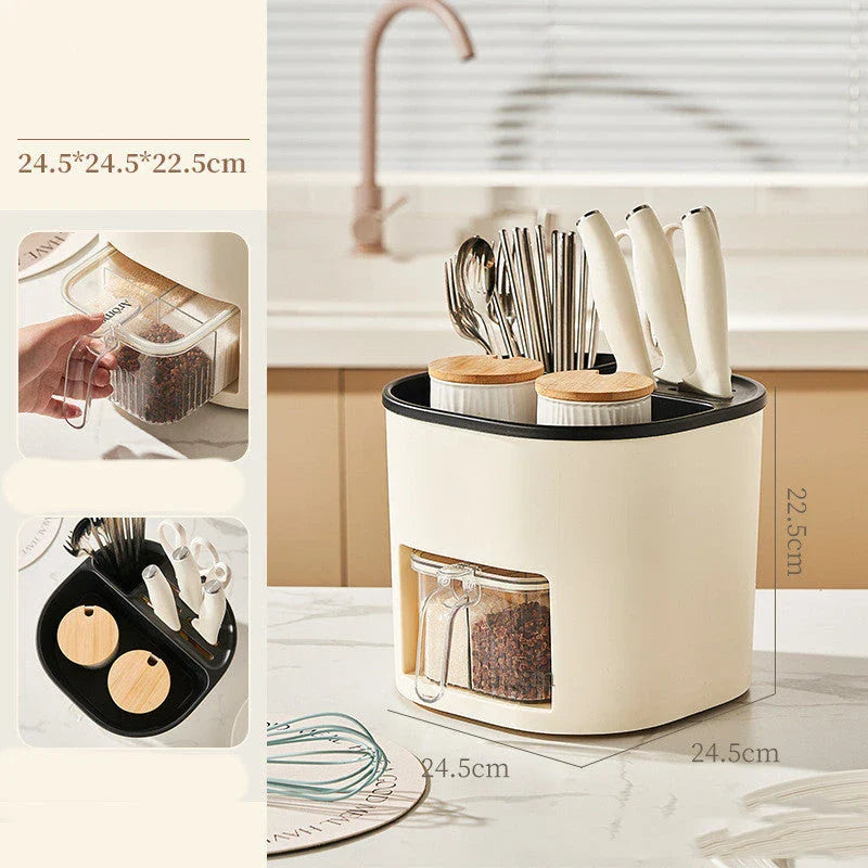 Rotating multipurpose kitchen storage organizer with four compartments for spices, utensils, and other cooking essentials