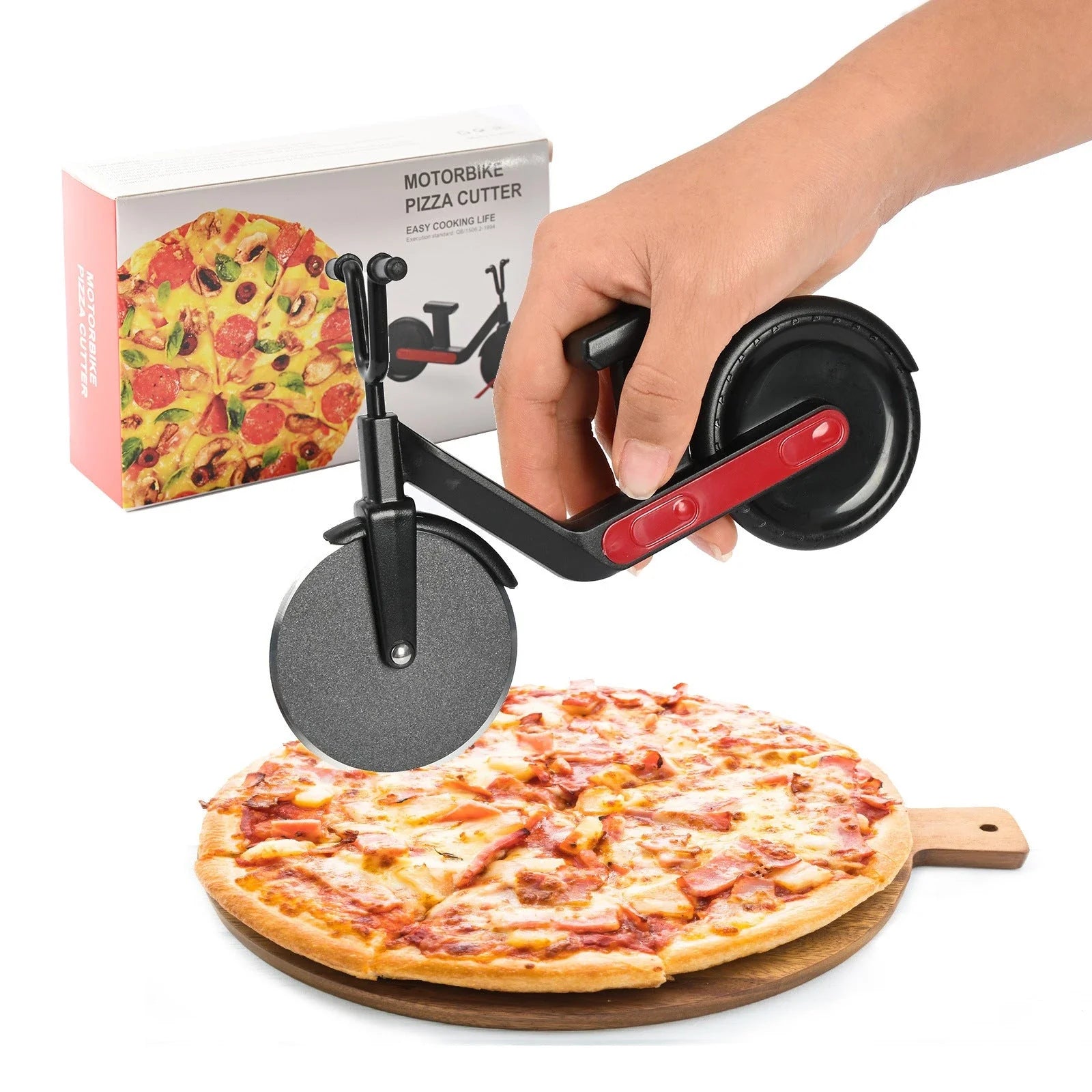 Premium stainless steel pizza cutter with double-headed fluted and flat wheels for versatile cutting of dough, pastries, and more