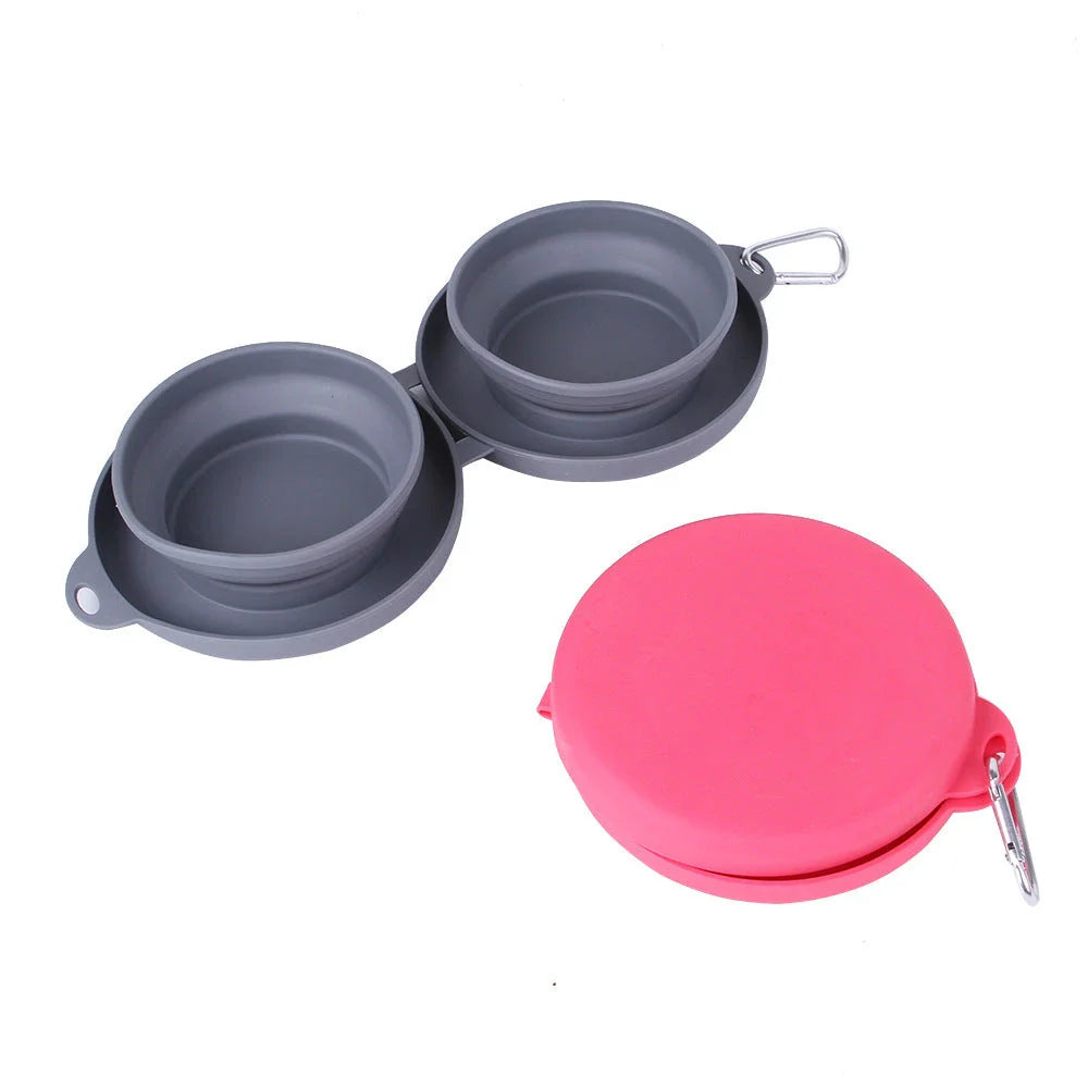 Collapsible pet bowls made of durable silicone with dual compartments and spill-resistant design for dogs and cats