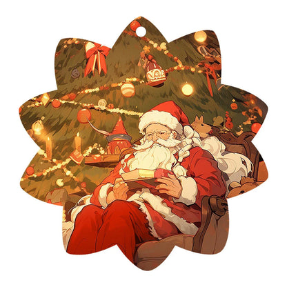 Festive car ornament hanging from rearview mirror with Christmas designs