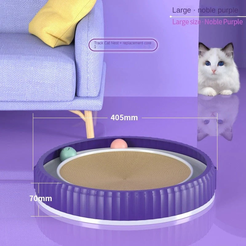 Round cat scratching board with toy ball, protects furniture from scratches