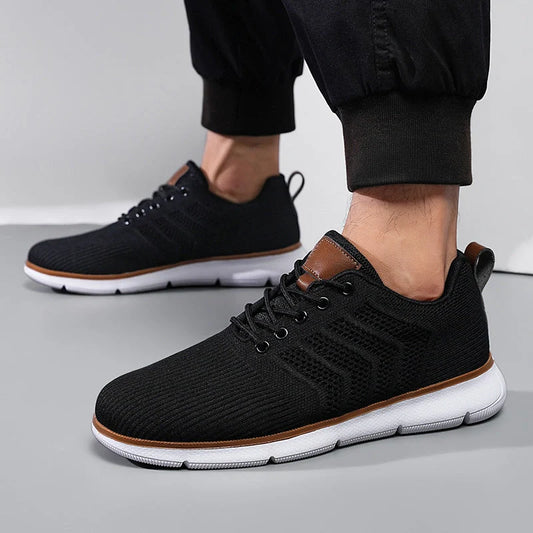Men's black lace-up mesh sneakers with round toe design