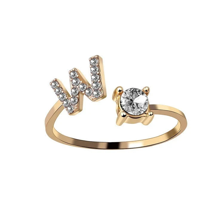 Customizable adjustable ring with 26 letters for women, featuring zircon stones and copper alloy construction