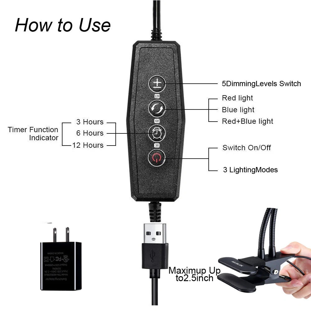 USB dimming timing plant light with adjustable settings for indoor gardening