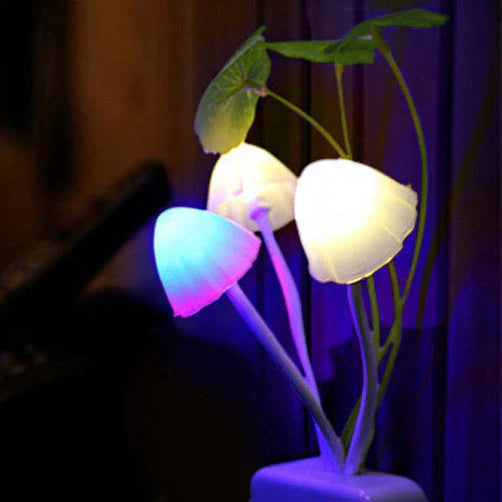 Colour-changing LED Mushroom Light with sensor in white ceramic pot