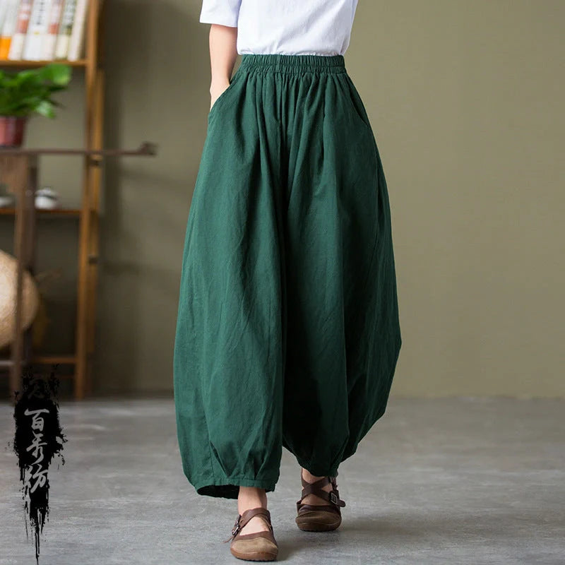Women's sand-washed linen cotton bloomers in dark coffee, dark green, plain white, and jet black