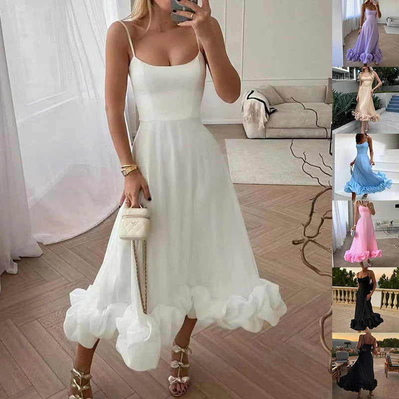 Fashionable chiffon dress with floral design, adjustable straps, and flowing A-line silhouette