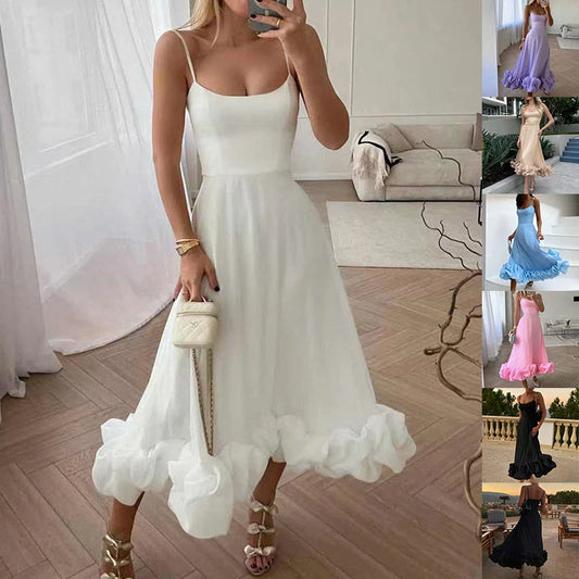 Fashionable chiffon dress with floral design, adjustable straps, and flowing A-line silhouette