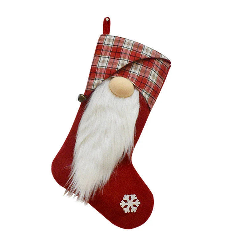 Premium Christmas stockings with plaid patterns and 3D Christmas dwarf designs, perfect for festive home decor